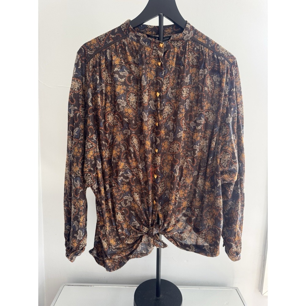 MNG by Mango Boho Blouse Womens M Brown Floral Paisley Tie‎ Front Top